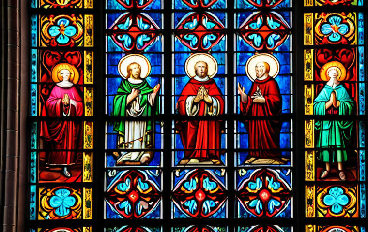 ** Stained glass windows in Cologne Cathedral, vibrant colors, creating an atmosphere of awe and peace.
**