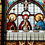 **Image Prompt:** A stained-glass window depicting the seven sacraments of the Catholic Church, each sacrament symbolized by a relevant image (baptism with water, Eucharist with bread and wine, confirmation with a dove, etc.). Style: Inspired by German cathedral stained glass.