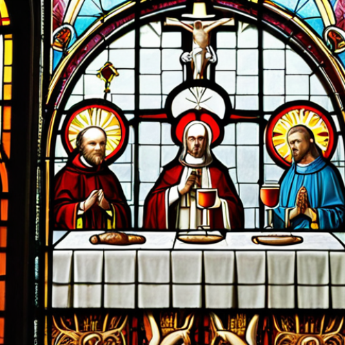 Home 8 **Image Prompt:** A stained-glass window depicting the seven sacraments of the Catholic Church, each sacrament symbolized by a relevant image (baptism with water, Eucharist with bread and wine, confirmation with a dove, etc.). Style: Inspired by German cathedral stained glass.