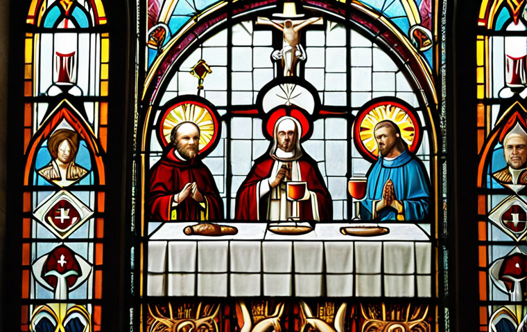 **Image Prompt:** A stained-glass window depicting the seven sacraments of the Catholic Church, each sacrament symbolized by a relevant image (baptism with water, Eucharist with bread and wine, confirmation with a dove, etc.). Style: Inspired by German cathedral stained glass.