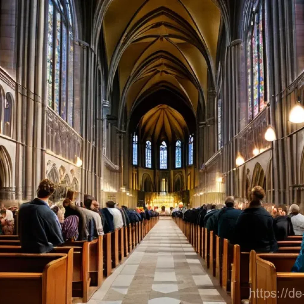 가톨릭과 현대 윤리 문제 - **Prompt:** A visually rich scene inside a grand, historic German cathedral, bathed in warm, etherea...