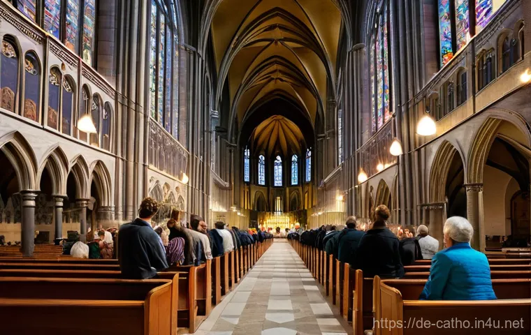 가톨릭과 현대 윤리 문제 - **Prompt:** A visually rich scene inside a grand, historic German cathedral, bathed in warm, etherea...
