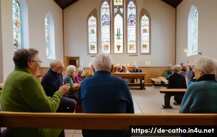성 필리프 네리와 기쁨의 영성 - A joyful spiritual community gathering in a modern German church hall, diverse adults and elderly pe...