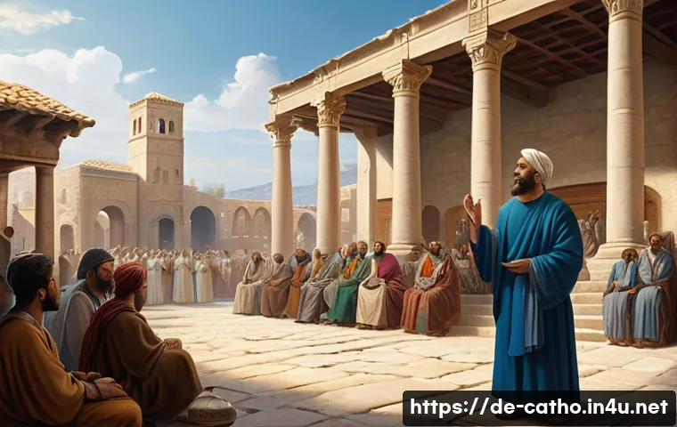 성 바오로의 선교 여행 - A detailed historical scene depicting Apostle Paul preaching to a diverse early Christian community ...