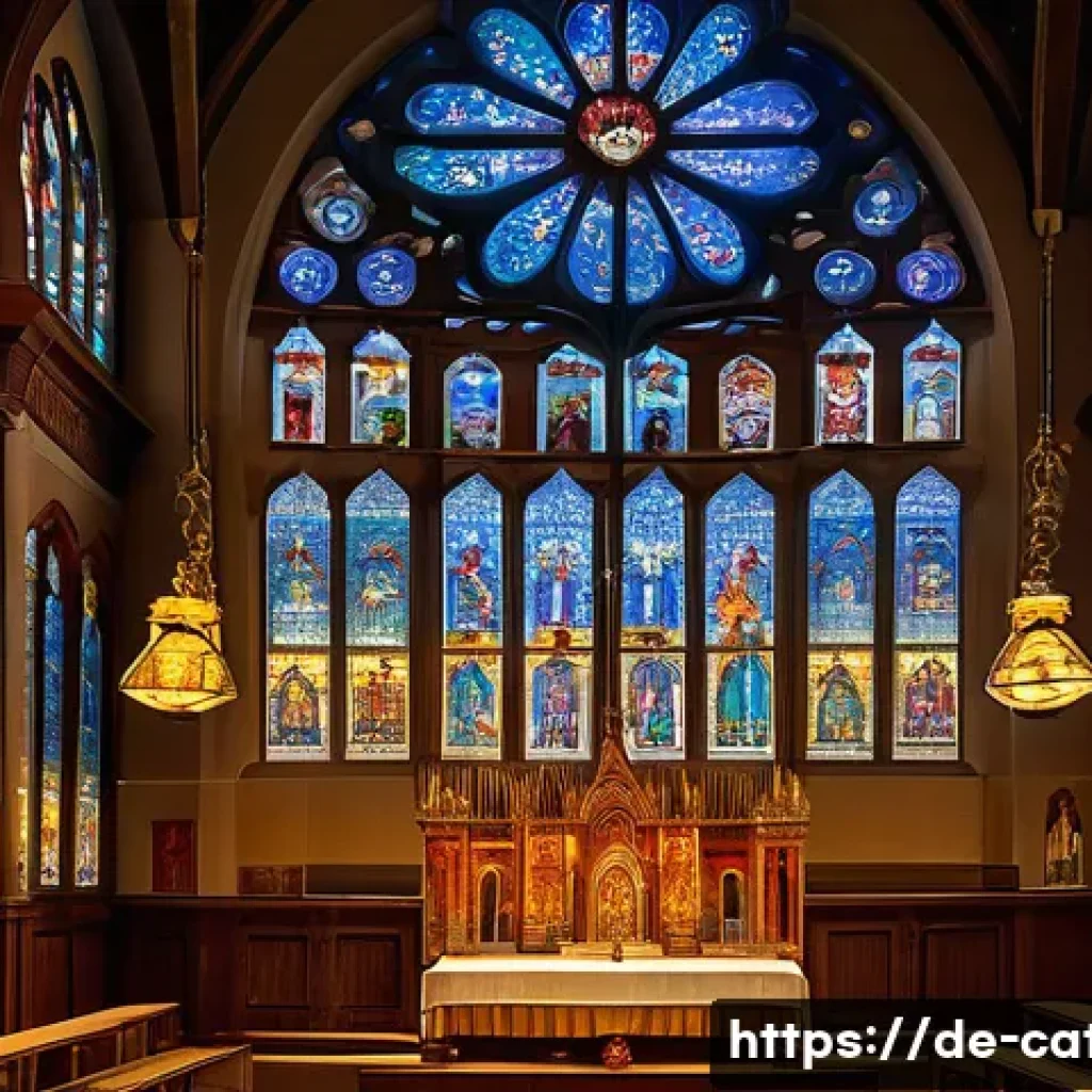 가톨릭 관련 박물관과 전시 - A richly detailed scene inside a historic German church museum, showcasing vibrant stained glass win...