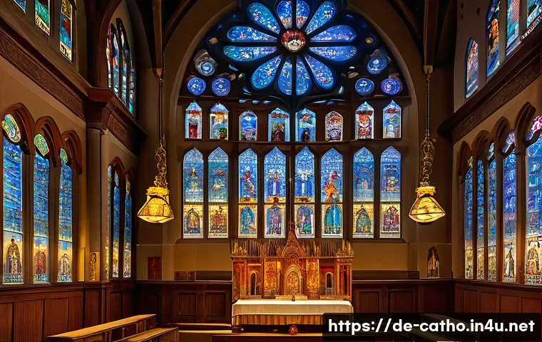 가톨릭 관련 박물관과 전시 - A richly detailed scene inside a historic German church museum, showcasing vibrant stained glass win...