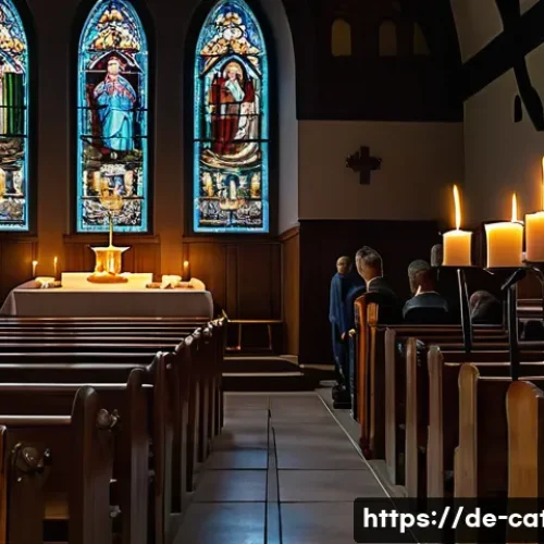 Home 32 미사 전례의 구조와 의미 - A solemn church interior during the ringing of large bronze bells at the beginning of a Catholic mas...
