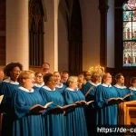 Home 19 성가대의 기원과 중요성 - A vibrant church choir rehearsal scene inside a historic Gothic-style German church, featuring a div...