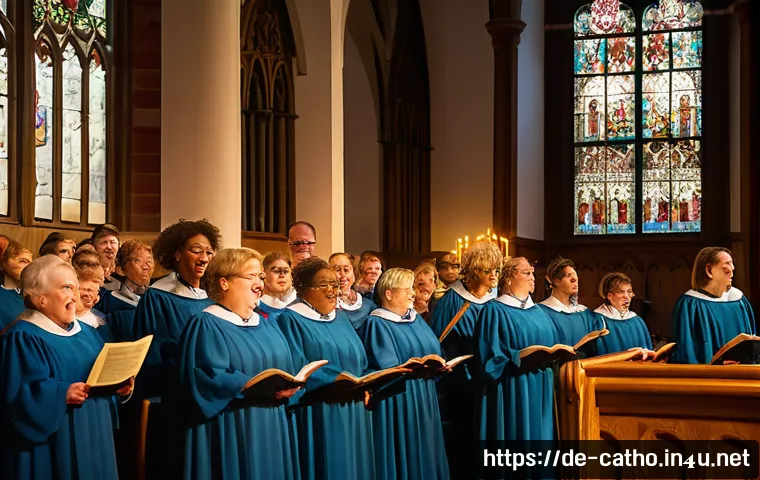 성가대의 기원과 중요성 - A vibrant church choir rehearsal scene inside a historic Gothic-style German church, featuring a div...