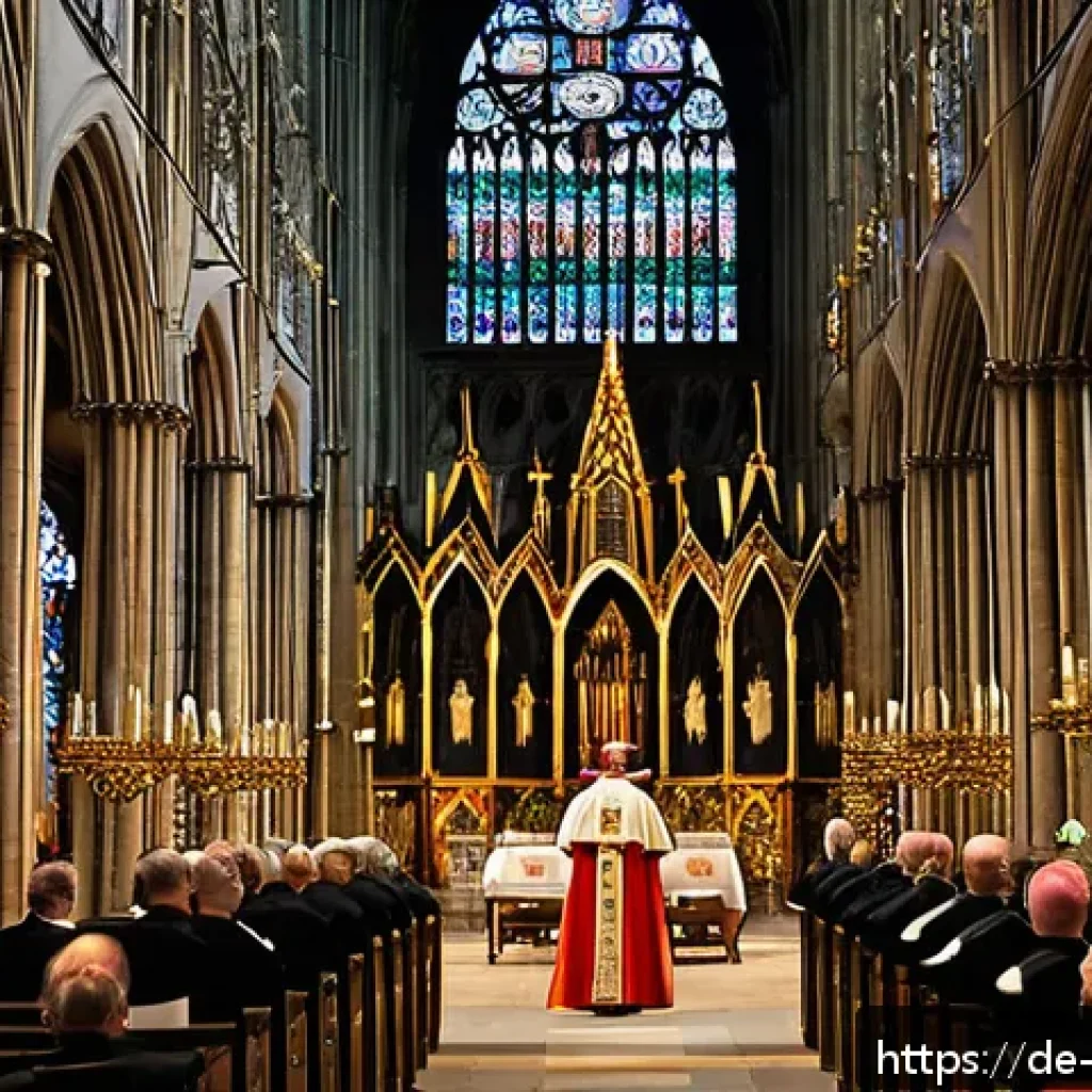 천주교와 정교회의 성직자 구조 - A solemn Catholic bishop in traditional ceremonial robes, standing inside a grand Gothic cathedral i...