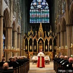 Home 18 천주교와 정교회의 성직자 구조 - A solemn Catholic bishop in traditional ceremonial robes, standing inside a grand Gothic cathedral i...