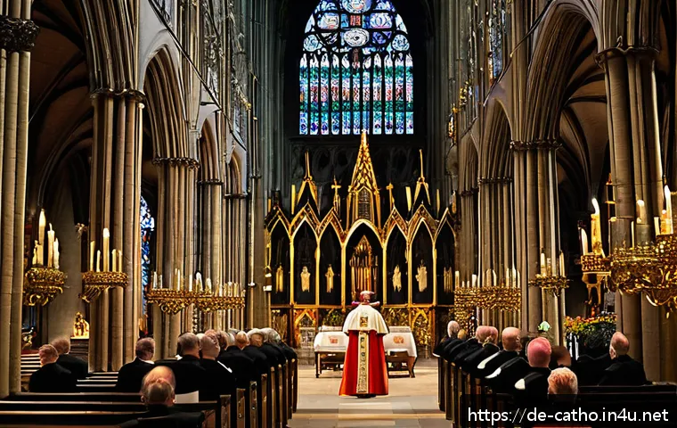 천주교와 정교회의 성직자 구조 - A solemn Catholic bishop in traditional ceremonial robes, standing inside a grand Gothic cathedral i...