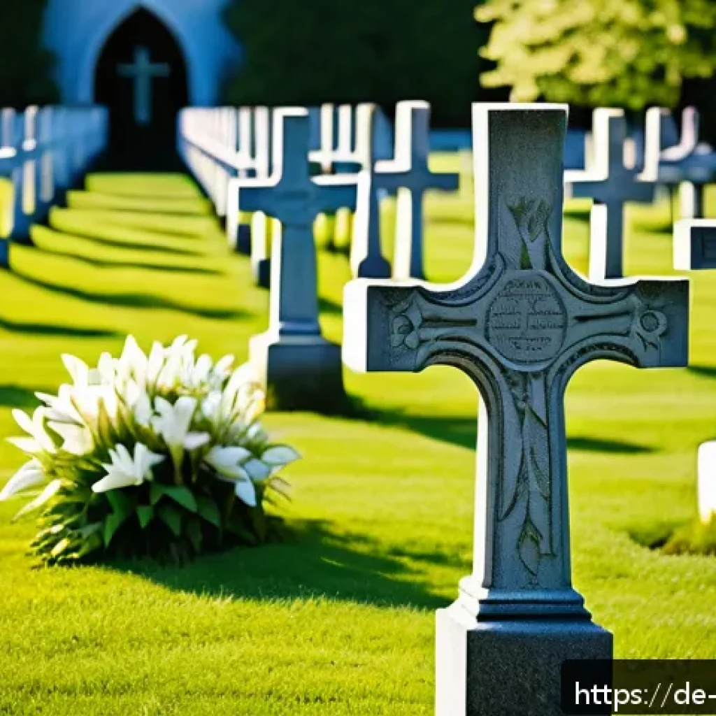 천주교 묘지 문화 - A serene Catholic cemetery scene in Bavaria featuring elaborately carved wooden crosses adorned with...