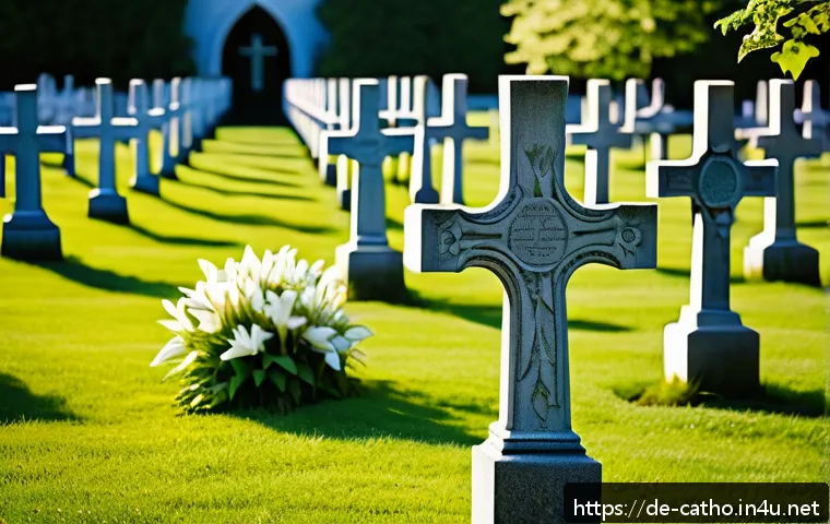 천주교 묘지 문화 - A serene Catholic cemetery scene in Bavaria featuring elaborately carved wooden crosses adorned with...