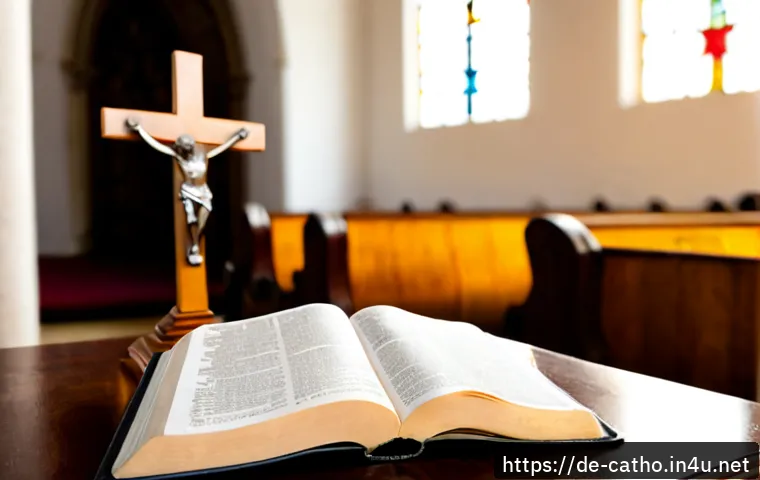 성경과 카톨릭 교회의 관계 - Photorealistic still life illustrating the relationship between Scripture and the Catholic Church: a...