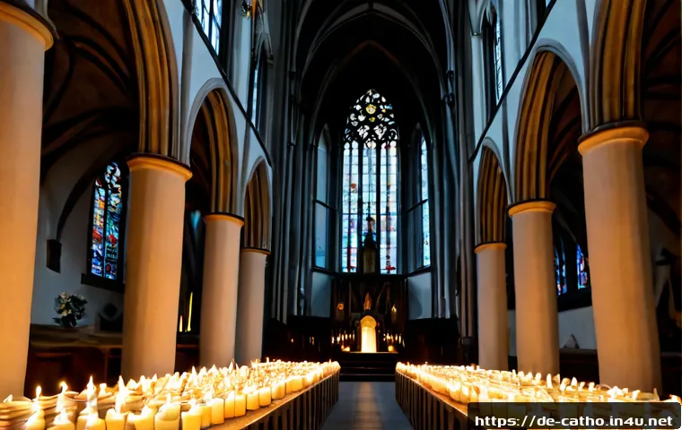 Home 17 성모 마리아 신앙의 발전 - Photorealistic interior of a historic German Gothic cathedral, a serene statue of the Virgin Mary ho...