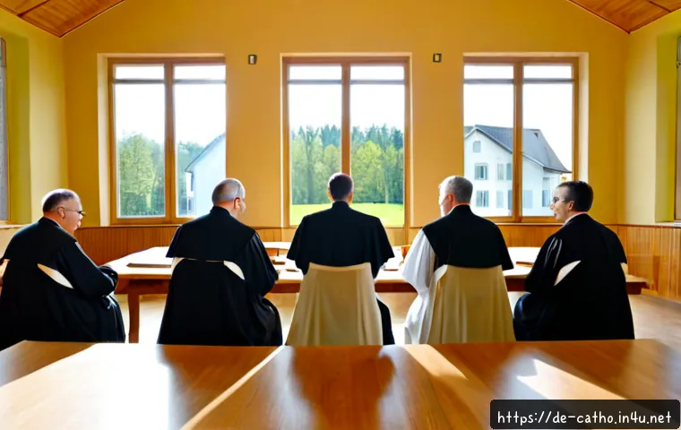 기독교 연합 운동과 가톨릭 - Photorealistic scene of Catholic priests, Protestant pastors, and diverse Christian laypeople from G...